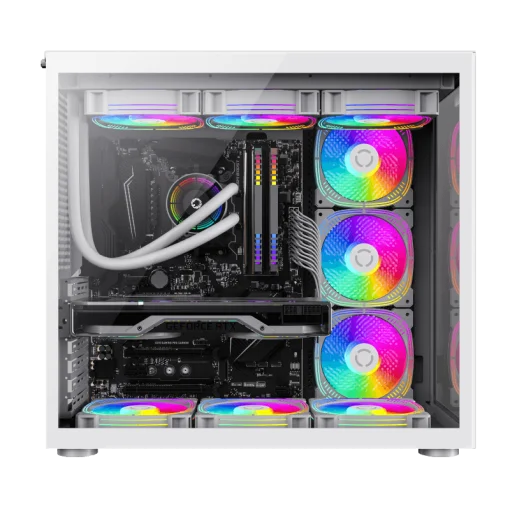 Cod. 376 Kit GAMEMAX Case Infinity White / lateral y frontal vidrio templado / doble cámara / USB Tipo-C + USB 3.0, HD audio / sin fuente / Blanco / Incluye P/Armar 4*fans ARGB 120mm + Controlador RGB AURA Sync + CR
