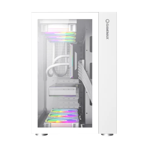 Cod. 376 Kit GAMEMAX Case Infinity White / lateral y frontal vidrio templado / doble cámara / USB Tipo-C + USB 3.0, HD audio / sin fuente / Blanco / Incluye P/Armar 4*fans ARGB 120mm + Controlador RGB AURA Sync + CR