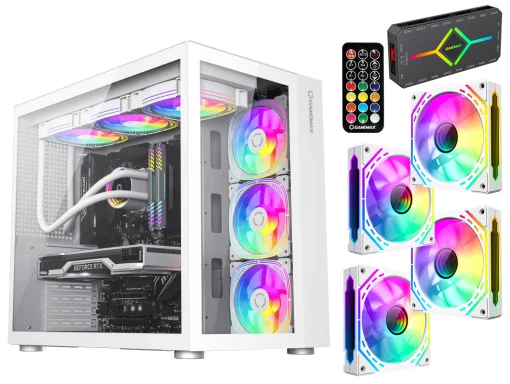 Cod. 376 Kit GAMEMAX Case Infinity White / lateral y frontal vidrio templado / doble cámara / USB Tipo-C + USB 3.0, HD audio / sin fuente / Blanco / Incluye P/Armar 4*fans ARGB 120mm + Controlador RGB AURA Sync + CR