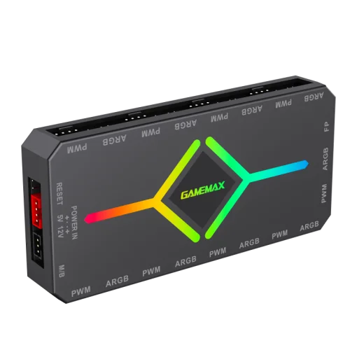 Cod. G:751 HUB Controlador GAMEMAX 3en1 V4.0 PWM ARGB HUB / control remoto / Dise&ntilde;o magn&eacute;tico / Sync AURA, MSI Gigabyte, AsRock 5v 3 Pin, / 9 puertos PWM + ARGB