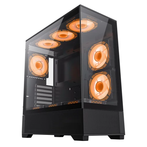 Cod. G:254 Case GAMEMAX VISTA AB Negro / ATX / lateral y frontal vidrios templados / marco metálico de acero / Incluye 6*fan ARGB (3*fan inversos y 3*fan normales) + Controlador V4.0 ARGB HUB PWM WH y control remoto / 1*USB3.0 + 1*USB2.0 + 1*USB tipo-C /