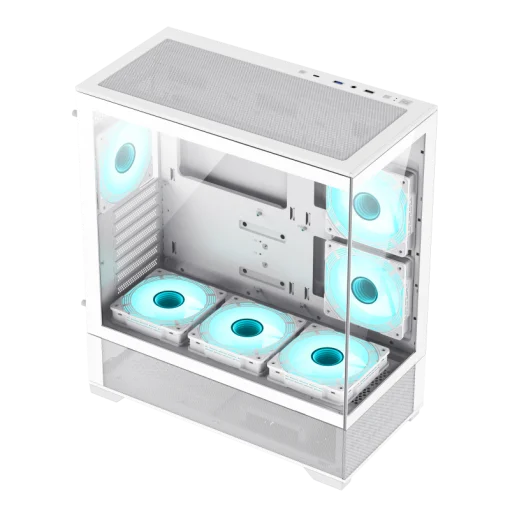 Cod, G:253 Case GAMEMAX VISTA AW blanco / ATX / lateral y frontal vidrios templados / marco metálico de acero / Incluye 6*fan ARGB (3*fan inversos y 3*fan normales) + Controlador V4.0 ARGB HUB PWM WH y control remoto / 1*USB3.0 + 1*USB2.0 + 1*USB tipo-C /