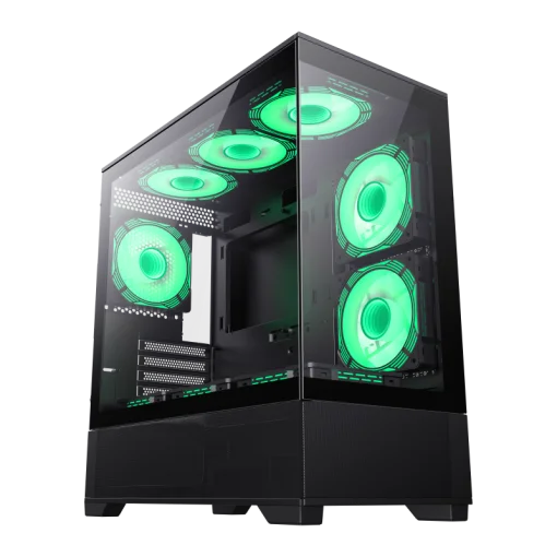 Cod. G:388 Kit GAMEMAX Case VISTA MB / MATX / lateral y frontal vidrio templado / marco metálico de acero /  1*USB3.0 + 2*USB2.0 / 1* audio combinado / Incluye P/Armar 5*fans ARGB 120mm + Controlador RGB AURA Sync + CR