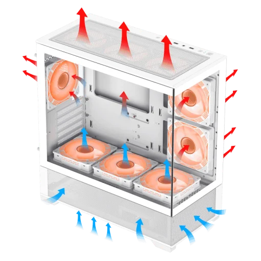 Cod. 256 Case GAMEMAX VISTA MW / M-ATX / 1*USB3.0, 2*USB2.0 / vista panorámica 270° con vidrios templados / marco metálico de acero / admite tarjetas NVIDIA Serie 4000 &amp; refri. líquida 360° / audio combinado / Soporta hasta 9*Fans