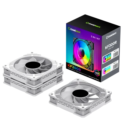 Cod. V:282 Kit Ventiladores PC GAMEMAX KF300R WH / 3*FAN120mm aspa invertida / Luces ARGB / AURA 3 pin 5V, PWM 4 pines Smart control