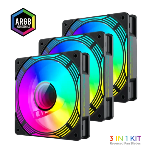 Cod. V:280 Kit Ventiladores PC GAMEMAX KF300R BK / 3*FAN120mm aspa invertida / Luces ARGB / AURA 3 pin 5V, PWM 4 pines Smart control