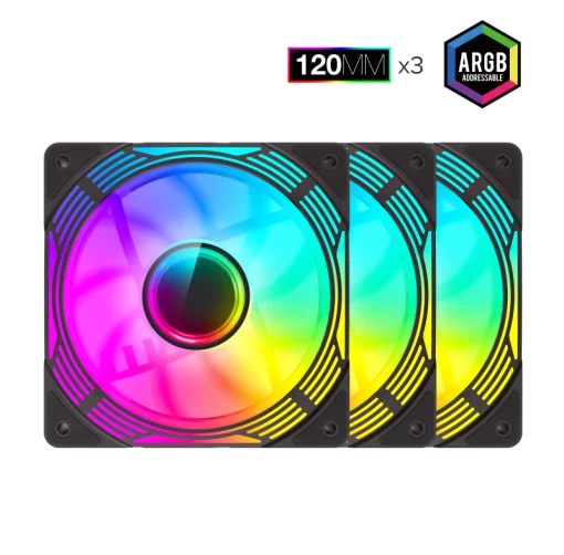 Cod. V:280 Kit Ventiladores PC GAMEMAX KF300R BK / 3*FAN120mm aspa invertida / Luces ARGB / AURA 3 pin 5V, PWM 4 pines Smart control