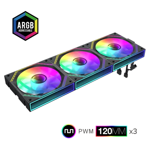 Cod. V:292 Kit Ventiladores PC GAMEMAX FN12A-S3I BK / 3*FAN120mm conectado en cadena / Luces ARGB efecto infinito 26LED (8+18 C/U) / PWM de 4 pines (M/F) / Aura 3 pin 5V (M/F)