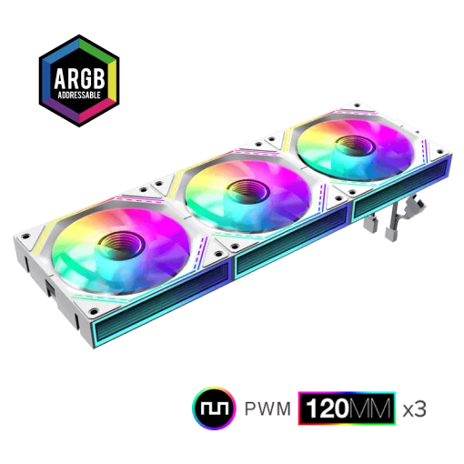 Cod. V:293 Kit Ventiladores PC GAMEMAX FN12A-S3I WH / 3*FAN120mm conectado en cadena / Luces ARGB efecto infinito 26LED (8+18 C/U) / PWM de 4 pines (M/F) / Aura 3 pin 5V (M/F)