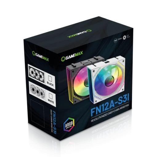 Cod. V:292 Kit Ventiladores PC GAMEMAX FN12A-S3I BK / 3*FAN120mm conectado en cadena / Luces ARGB efecto infinito 26LED (8+18 C/U) / PWM de 4 pines (M/F) / Aura 3 pin 5V (M/F)