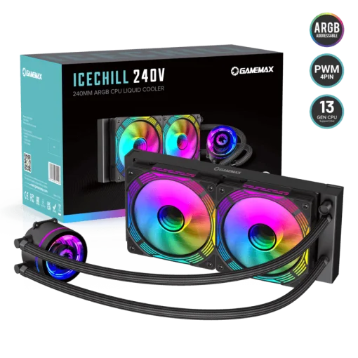 Cod. B:155  Enfriamiento Líquido CPU GAMEMAX IceChill 240V Bomba y ventiladores RGB y PWM direccionables 240mm AIO TDP 250W / compatible: Intel 13va Gen. 1700/1200/2066/2011-3/2011/1156/1155/1151/1150, AMD AM5/AM4/AM3+/AM3/AM2+/FM2