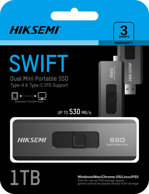 Cod. X:467 SSD Externo Dual Mini HIKSEMI SWIFT - 1TB / Interfaz: USB-A + USB-C 3.2 Gen 2 / OTG / 530MB/s Read, 450MB/s Write / Carcasa metálica