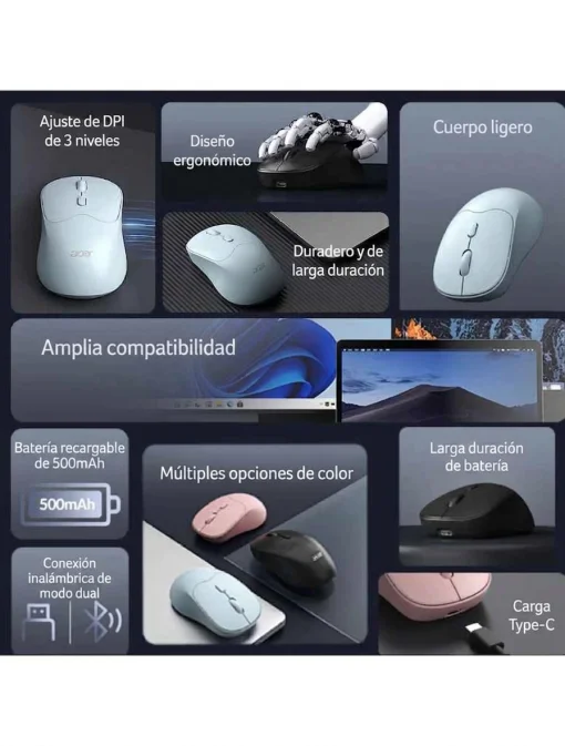 Cod. 298 Mouse Inal&aacute;mbrico ACER OMR268 BL / Dual (2.4G &amp; Bluetooth&reg; 5.2) / 1600 DPI / 4 botones / Dise&ntilde;o Ergon&oacute;mico / Bat. Recargable (500mAh)