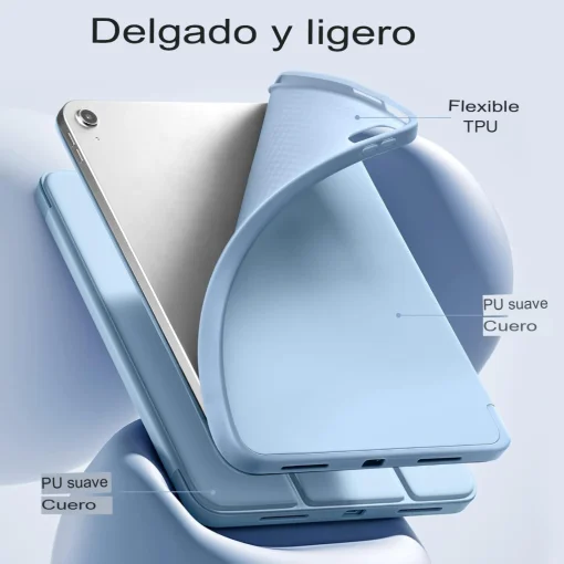 Cod. 146 Estuche Akkerds P/ iPad (A16) 11&ordf; Gen. 11" (2025) &amp; iPad 10&ordf; Gen. 10.9"(2022) / Protectora delgada de triple soporte / parte trasera TPU suave / Con porta L&aacute;piz / azul cielo
