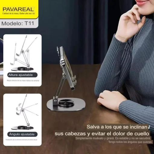 Cod. A:296  Soporte Pavareal T11 P/Celular y Tablet 4" hasta 13" / giratorio 360&deg; &amp; plegable / Material: aluminio / Gris
