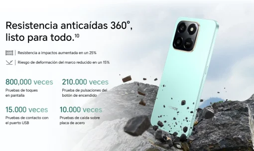 Cod. 299 HONOR X7d / 256GB Rom / 8GB Ram / LTE (Dual SIM) / 6.77" HD+ 120 Hz / Cam. 108MP con AI, 8MP Frontal / MagicOS 9 (Android 15) / Bot&oacute;n AI / Resistencia al agua IP65 y caidas SGS / Bat. celda dual 6.500 mAh / Plata Meteoro