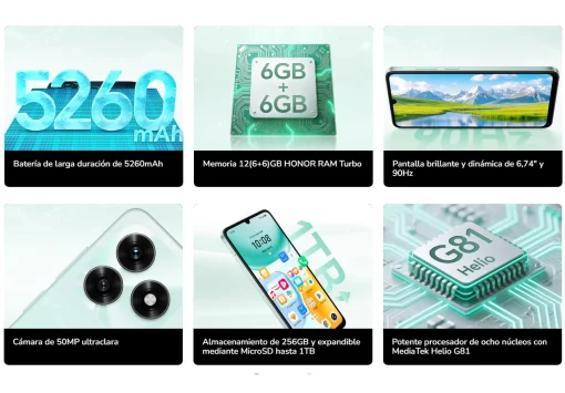 Cod. 326 HONOR X5c Plus / 256GB Rom / (4+4)GB&nbsp; / Dual SIM / 6.74" HD+ 90Hz / Cam. Dual 50MP + 5MP Frontal / MagicOS 9 (Android 15) / Bater&iacute;a 5.260 mAh / Plata Meteoro