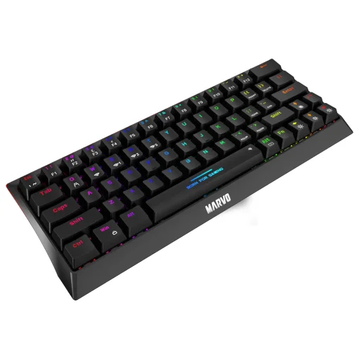 Cod. M:251 Teclado Mecánico MARVO KG962W / Tri-modo: (Wireless 2.4G + BT 5.0 &amp; cableado) / 63 teclas / Jixian Azul / Clásico Compacto 60% / RGB Rainbow (12 modos) / Bat. 1200 mA / Español