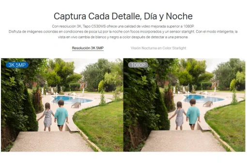 Cod. 410 C&aacute;mara Smart TP-Link Tapo C530WS 3K 5MP 360&ordm; P/Exterior / Visi&oacute;n Nocturna Color Starlight / Detecci&oacute;n Smart-AI (pers. masc. veh. L&iacute;nea) seg. movimiento / Audio bidireccional / Alarma de Luz y sonido&nbsp;Personalizable / Soporta microSD 512GB / Compat