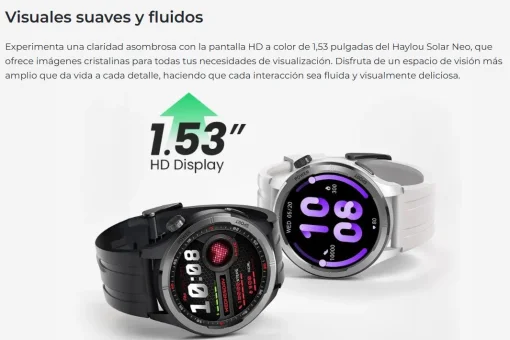Cod. 1160 SmartWatch HAYLOU Solar Neo HF008 Black / LLamadas BT 5.3 / Pantalla HD 1.53" / +120 modos deportivos / Monitoreo de salud / IP68 / Bat. 300mAh (7-30 dias) / Incl.&nbsp;2 correas