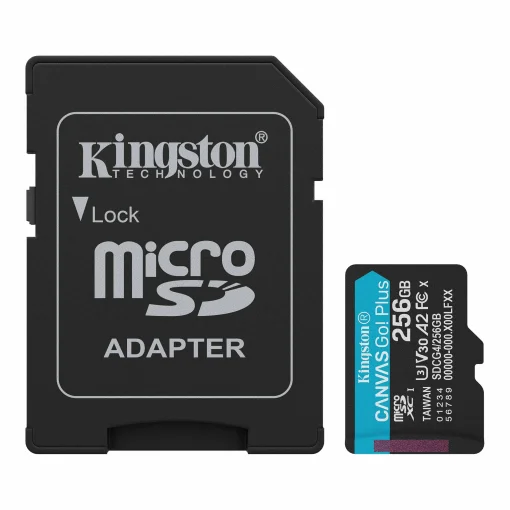Cod. 318 Micro SD Kingston Canvas Go! Plus SDCG4 - 256GB / Clase10, UHS-I, U3, V30, A2 / 2en1 / 200MB/s / P/Gaming en m&oacute;viles, Drones,&nbsp;Grabaciones 4K UHD y dispositivos Android&trade;