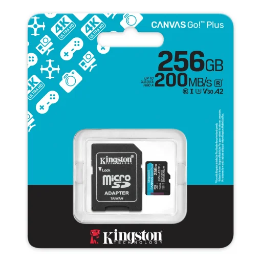 Cod. 318 Micro SD Kingston Canvas Go! Plus SDCG4 - 256GB / Clase10, UHS-I, U3, V30, A2 / 2en1 / 200MB/s / P/Gaming en m&oacute;viles, Drones,&nbsp;Grabaciones 4K UHD y dispositivos Android&trade;