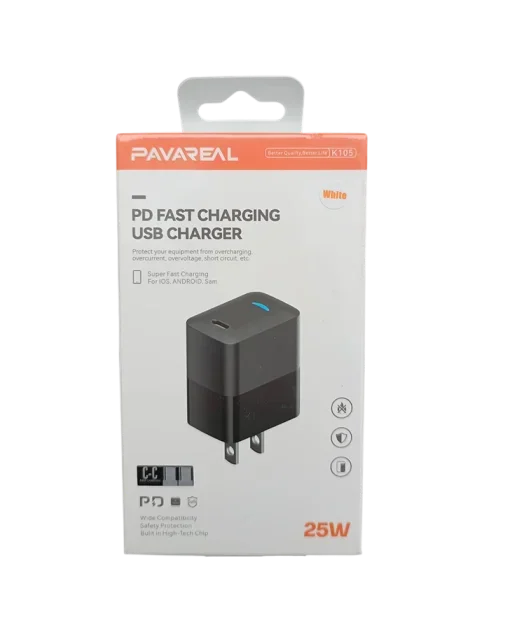 Cod. 265 Cargador de pared Pavareal K105 PD 25W (Carga r&aacute;pida) / 1*Puerto USB-C DC 5V/3A / incl. Cable cordon USB-C