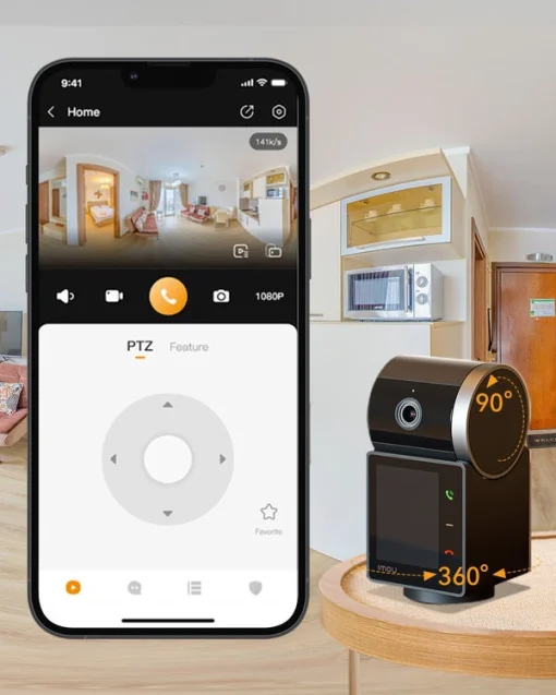 Cod. AI:359 Cámara Smart IMOU Rex VT 5MP 3K Ultra HD 360° / Pantalla P/Videollamadas, Información, notas de voz etc. / Rastreo &amp; detección Humanos/Mascotas / Tecnología IA IMOU SENSE® / Alarma de Sonidos Anormal / Sirena 96dB / Soporta microSD (hasta 256G