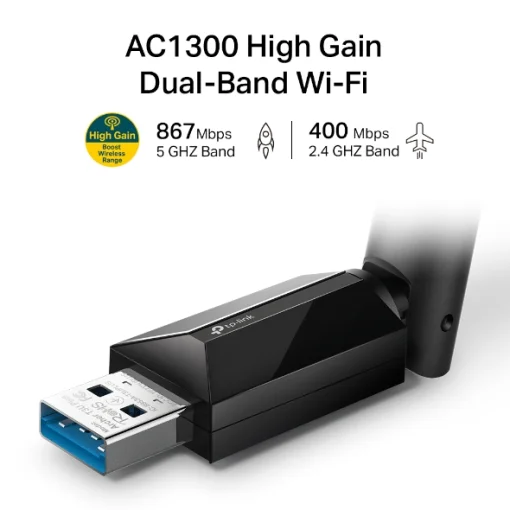 Cod. 367  Adaptador WiFi USB 3.0 TP-Link Archer T3U Plus / Dual Band AC1300 (400Mpbs 2.4GHz,&nbsp;867Mbps 5GHz) / MU-MIMO / antena*2 180&deg;de Alta Ganancia / Compatible con Windows 11 /10/8.1/8/7/XP, Mac OS X