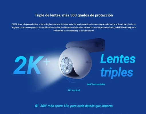 Cod. AE:365 Cámara Smart exterior EZVIZ H80f Multi 2K+ 360° lentes triple / Zoom 12× / Vista Nocturna Color / Auto-Zoom Tracking / 2*modos patrulla auto. / Detección humana/vehículo IA / Defensa activa / Audio bidireccional / microSD hasta 512GB / IP67 /