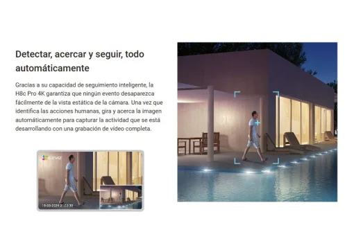 Cod. 395 Cámara Smart p/exterior 360° Wi-Fi EZVIZ H8c Pro 4K (8MP) / Visión nocturna a color / IR (hasta 30mt.) / Detección Personas/Vehículos IA / Seg. Zoom automát. / Defensa activa / Audio bidireccional / IP66 / Soporta microSD (hasta 512GB) / compatib