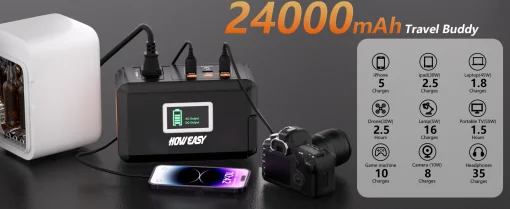 Cod.180 Banco de Energía HOWEASY 120W, 88WH/24 000mAh, P/laptop: 2*Tomas AC 110V / 2*puertos DC / 3*puertos USB-A (2*QC 3.0 carga rápida +1*5V/2.4A) / 1*USB-C 18W / Linterna LED / Peso 2.3 lbs