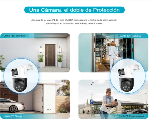 Cod. 372 Cámara Smart Exterior 360° DAHUA Picoo Dual 3K D1 5MP+5MP / Wi-Fi 6 / Vista Nocturna Dual Ligth (50m IR) / Detección humana/vehículo IA / 6*modos patrulla / Alarma (Luz y sonido) / Seg. automát. / Audio bidireccional / Soporta microSD (hasta 256G
