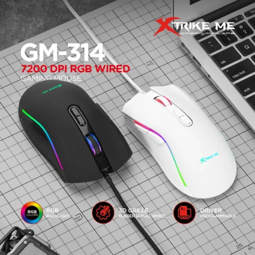 Cod. 289 Mouse XTRIKE-ME GM-314 BK / 7200 DPI / Driver Programable / Iluminación RGB (efectos dinamicos) / USB, Cable:1.5 mt. / 7 botones / Negro