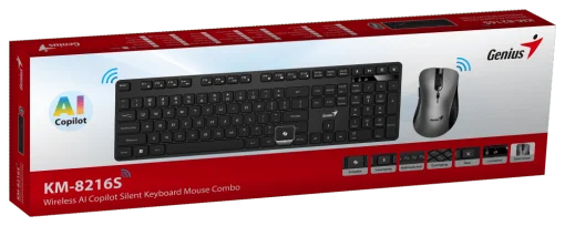 Cod. 288 Kit Genius Wireless KM-8216S, Teclado + Mouse óptico 6 bot. 1600DPI / 2.4GHz / Silencioso / AI Copilot / 12 teclas de función (8 audio, 4 Internet) / Español / Black