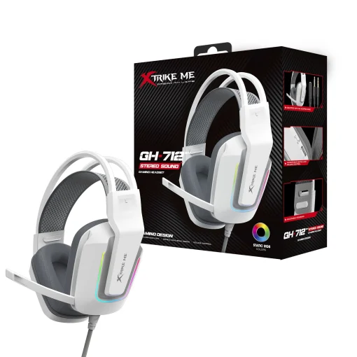 Cod. X:120 Headphone Stereo Gaming XTRIKE ME GH-712WH / Micrófono / luces RGB (estático) / jack 3.5mm + USB(LuzLED) / Compatible con PS4, PS5, Xbox One, PC / Cable trenzado 2.0 mt