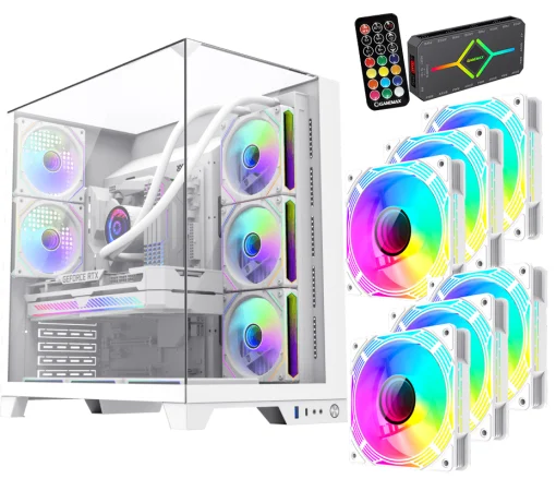 Cod 387 KIT GAMEMAX Infinity Plus White / ATX / USB3.1/USB-C / Diseño Vista Panorámica 3 lados vidrios templados / cables y tubos ocultos / admite: refri. líquida 360°, VGA 400mm / Incluye P/Armar 6*Fans total en 2*Pack ARGB 12M + Controlador RGB AURA Syn