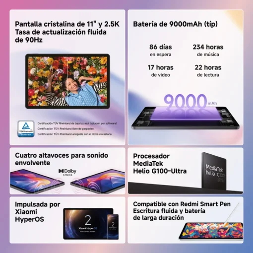 Cod. 152 Tablet REDMI Pad 2 / Helio G100-Ultra / Crystal-clear 11" 2.5K (2560&nbsp;x&nbsp;1600), 90Hz / 8GB RAM, 256GB Alm. Exp. MicroSD (hasta 2TB) / HyperOS 2 / Cam. post. 8MP, front. 5MP / Dolby Atmos / Bat. 9000 mAh - Verde Menta