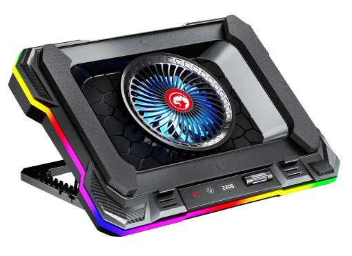 Cod. 470 Base de Enfriamiento P/Laptop MARVO Atlas 43 RGB (10 modos) / hasta 19&quot; / velocidades ajustables (300-2200 RPM) 89CFM, pantalla LED / 7 niveles ángulos / 2*P/USB /  Soporte P/Celular