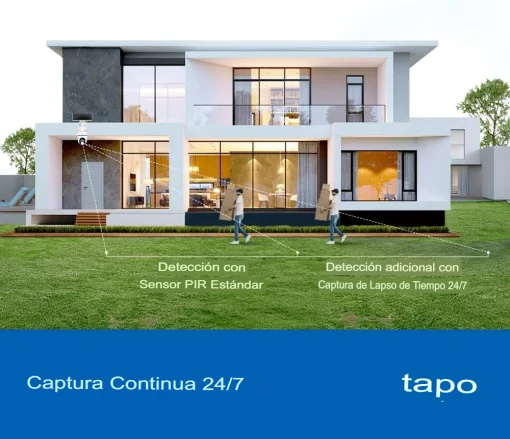 Cod. 413 Kit C&aacute;mara TP-Link Tapo C630 360&deg; 3K 5MP &amp; panel solar / Captura Continua 24/7 / Visi&oacute;n Nocturna a Color / Detecci&oacute;n (pers. masc. veh.) &amp; Seg. por IA 360&deg; / Alarma: Sonido/Luz / Audio bidireccional / Soporta microSD(512GB) / Bat. recargable 6700