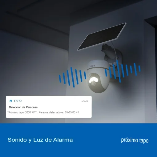 Cod. 413 Kit C&aacute;mara TP-Link Tapo C630 360&deg; 3K 5MP &amp; panel solar / Captura Continua 24/7 / Visi&oacute;n Nocturna a Color / Detecci&oacute;n (pers. masc. veh.) &amp; Seg. por IA 360&deg; / Alarma: Sonido/Luz / Audio bidireccional / Soporta microSD(512GB) / Bat. recargable 6700