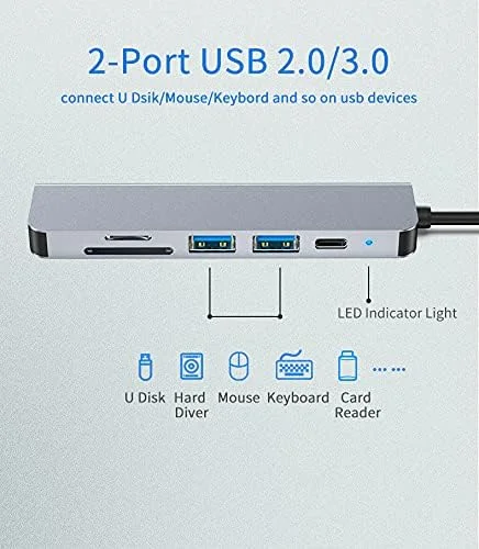 Cod. B:377 Hub Multipuertos 6en1 / Interfaz: USB-C a 1*HDMI 4K, 2*USB-A 3.0, 1*USB-C PD, Lector de tarjetas 1*SD &amp; 1*Micro SD (TF) / Plug &amp; play