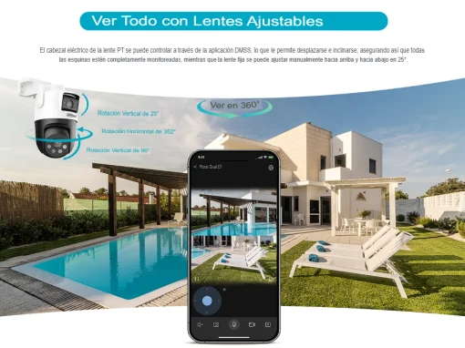 Cod. 372 Cámara Smart Exterior 360° DAHUA Picoo Dual 3K D1 5MP+5MP / Wi-Fi 6 / Vista Nocturna Dual Ligth (50m IR) / Detección humana/vehículo IA / 6*modos patrulla / Alarma (Luz y sonido) / Seg. automát. / Audio bidireccional / Soporta microSD (hasta 256G