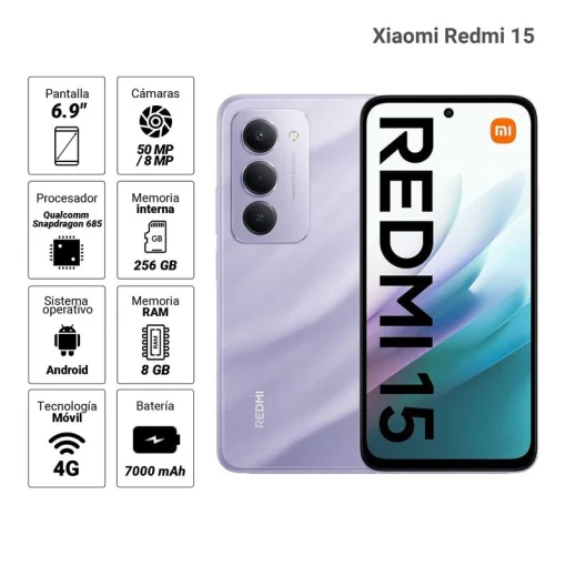 Cod. 316 Xiaomi Redmi 15 / 256GB Rom / 8GB Ram (16GB exten.) / Snapdragon&reg; 685 / 6.9" FHD+ 144Hz / Cam. Dual 50MP con AI + 8MP Frontal / Bat. 7.000 mAh Carga r&aacute;pida 33W / IP64 / USB-C / Purple