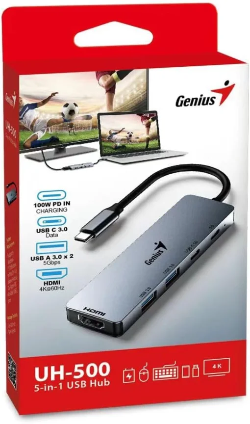 Cod. 375 Hub Multipuertos Genius UH-500 5 en 1 / Interfaz: USB-C a 1*HDMI 4K@60Hz, 1*USB-C PD (Carga r&aacute;pida 100W), 2*USB-A 3.0 &amp; 1*USB-C 5G, / Compatible: Windows&reg;, Mac OS, Android, Apple IOS / Plug &amp; play