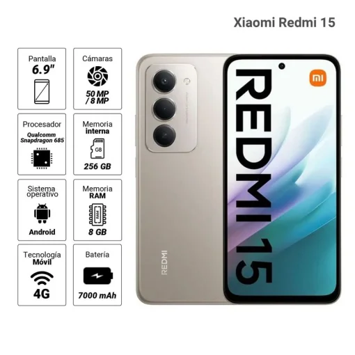 Cod. 317 Xiaomi Redmi 15 / 256GB Rom / 8GB Ram (16GB exten.) / Snapdragon&reg; 685 / 6.9" FHD+ 144Hz / Cam. Dual 50MP con AI + 8MP Frontal / Bat. 7.000 mAh Carga r&aacute;pida 33W / IP64 / USB-C / Gris