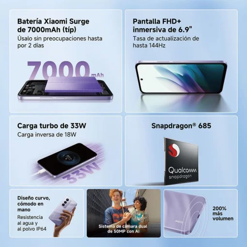 Cod. 317 Xiaomi Redmi 15 / 256GB Rom / 8GB Ram (16GB exten.) / Snapdragon&reg; 685 / 6.9" FHD+ 144Hz / Cam. Dual 50MP con AI + 8MP Frontal / Bat. 7.000 mAh Carga r&aacute;pida 33W / IP64 / USB-C / Gris