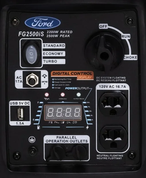 Cod. 231 Generador Inversor FORD FG2500iS silencioso 2,500 Watts / a Gasolina / Salida dúplex (2*tomas CA120V 16.7A), 1* USB-A 5V 1.5A / 1*Paralelo / obediente CARB