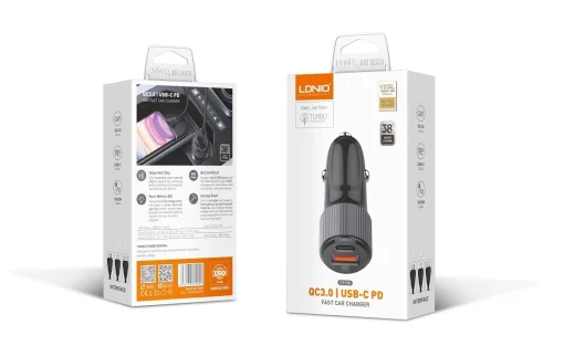 Cod. 279 Cargador P/Auto LDNIO C510Q 38W (Carga r&aacute;pida) / 2*Puertos PD + QC 3.0 ( USB-C+USB-A) / Incl. Cable USB-C, 1 m