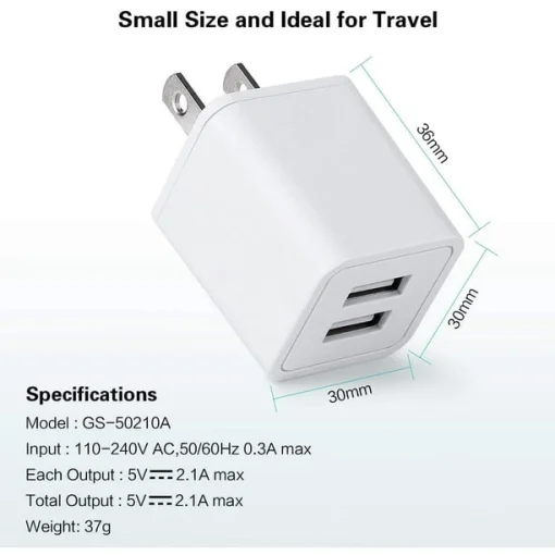 Cod. 062 Cubo Cargador Universal de doble puerto USB, 2.1A y 1.0A / blanco